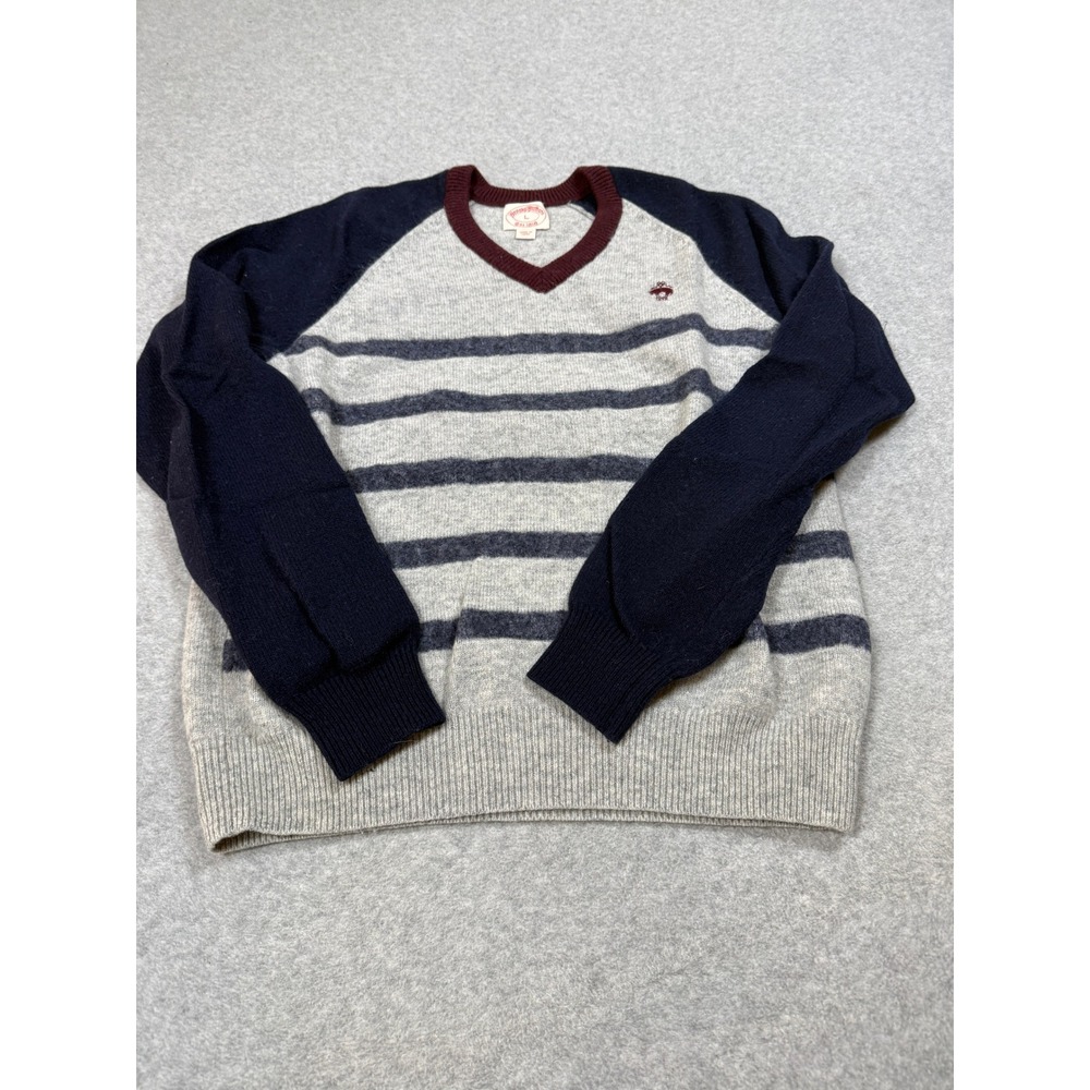 Brooks Brothers Lambswool V-Neck Sweater Mens Large Grey Navy Striped Raglan L